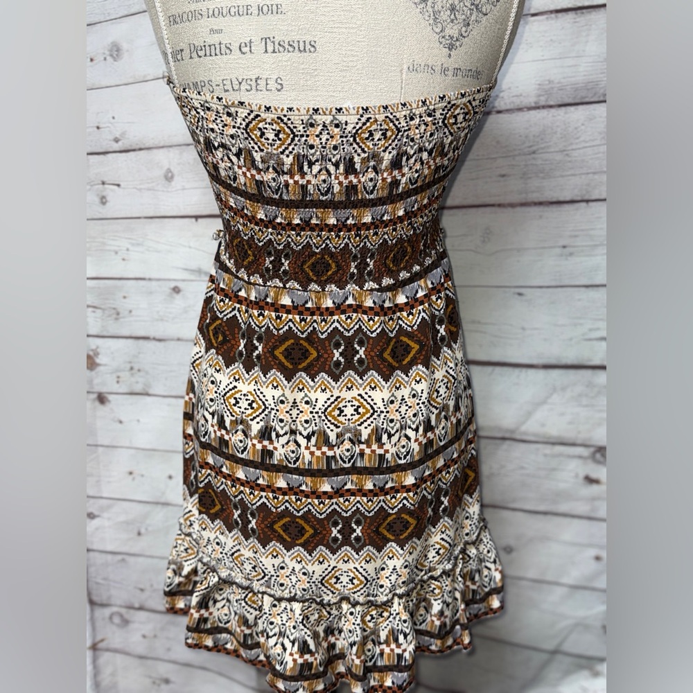 Body Central Strapless Bohemian Dress with Brown and Cream Patterns - Picture 2 of 3